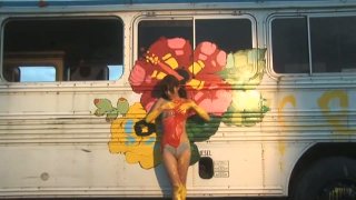 Japanese cutie Rika Sato paints a bus wearing nothing but sexy lingerie