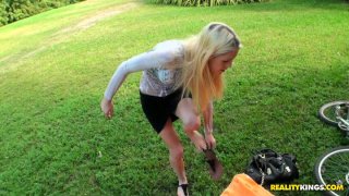 Amateur blonde gal Rebecca gives blowjob for a money